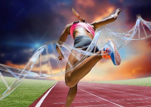 Ilustración de un deportista corriendo junto a una doble hélice de ADN, simbolizando cómo el ejercicio y el estilo de vida influyen en la epigenética y el envejecimiento biológico.