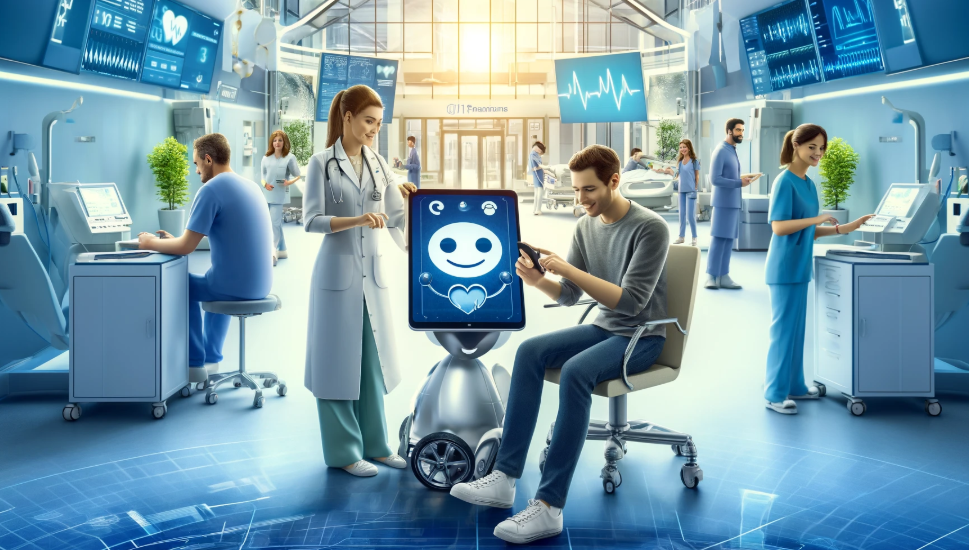 Paciente utilizando un chatbot médico en una pantalla con forma de robot en un hospital moderno, rodeado de personal sanitario, simbolizando la integración de la inteligencia artificial en la atención sanitaria desde la primera consulta.
