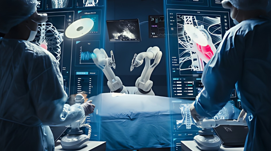 Quirófano moderno con cirujanos controlando brazos robóticos asistidos por inteligencia artificial frente a múltiples pantallas médicas, ilustrando la cirugía robótica de alta precisión.